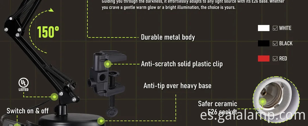 Lámpara de escritorio de metal de cuello de ganso ajustable para uso versátil